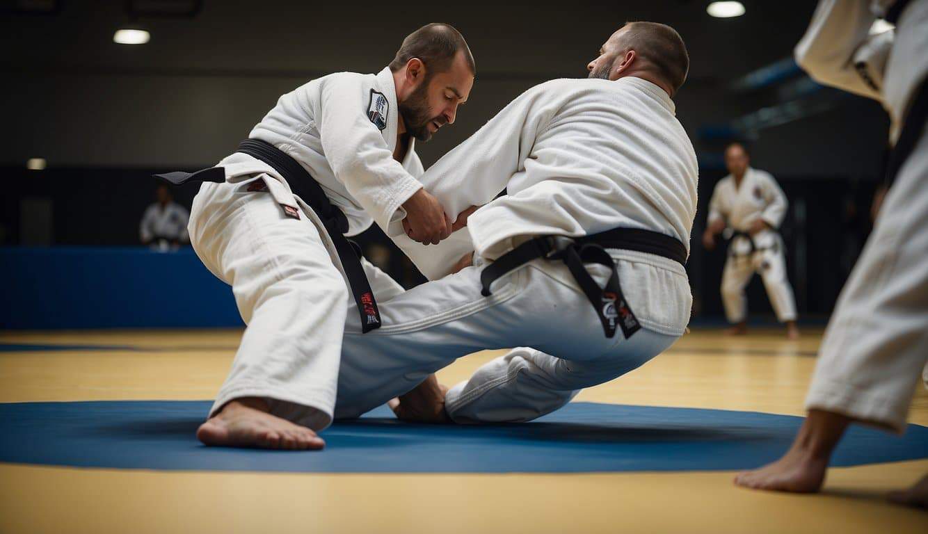 Two BJJ practitioners in white gi uniforms spar on a matted floor, demonstrating grappling techniques and holds