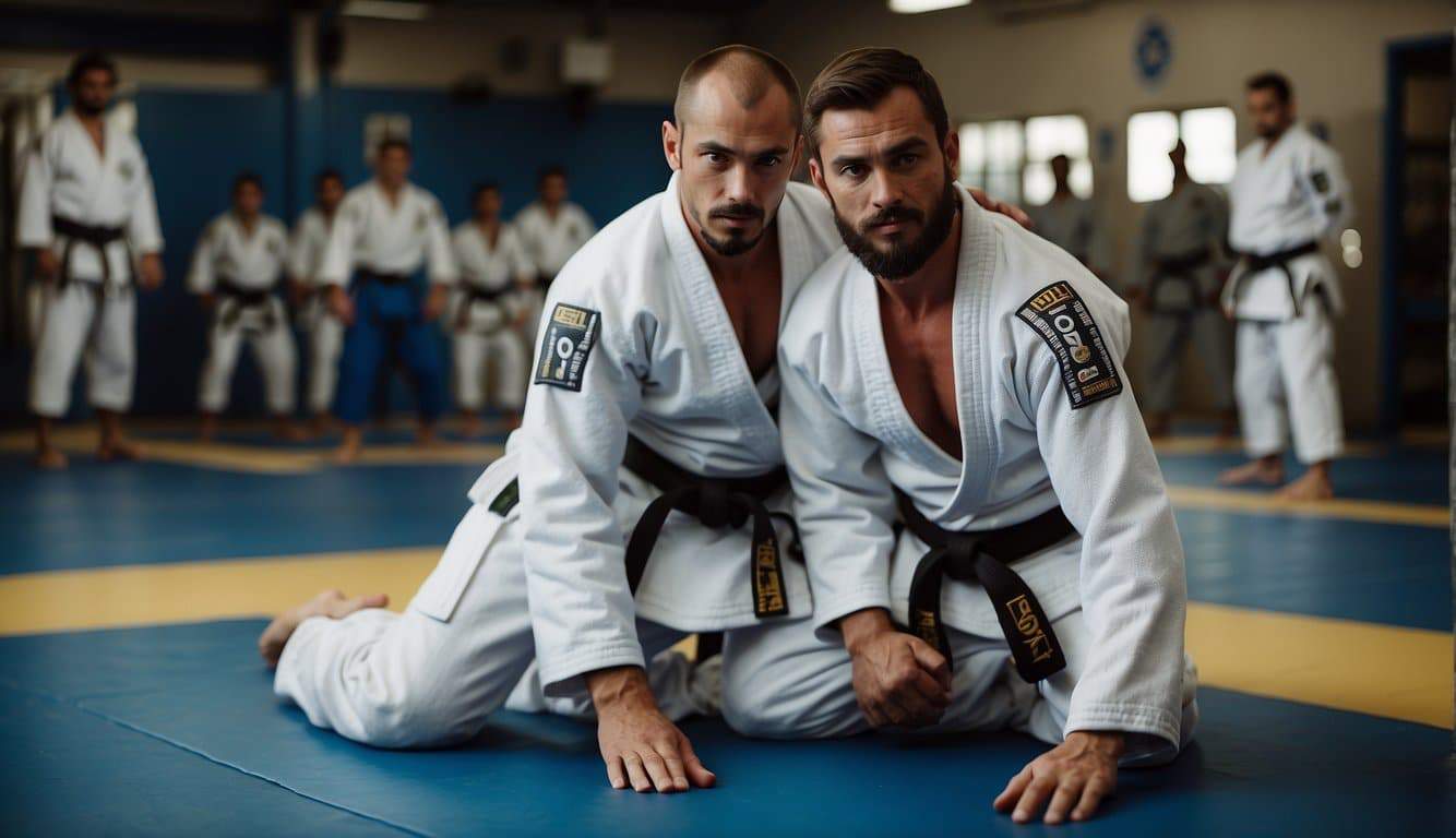 Two BJJ practitioners demonstrate basic techniques in a dojo setting