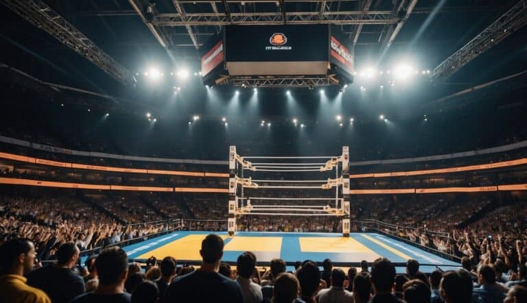 A crowded arena with colorful mats and banners, filled with intense grappling matches and cheering spectators