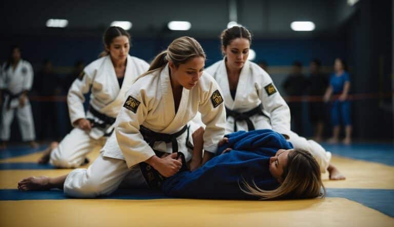 A group of women practicing Brazilian Jiu-Jitsu, engaged in intense grappling and ground fighting, demonstrating strength and technique