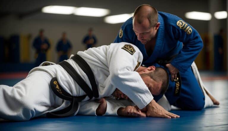 Two BJJ practitioners demonstrate safe grappling techniques on a soft mat, with one guiding the other's movements to prevent injury