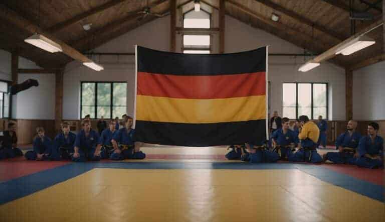 A German flag hangs in a BJJ dojo, surrounded by students practicing grappling techniques on mats