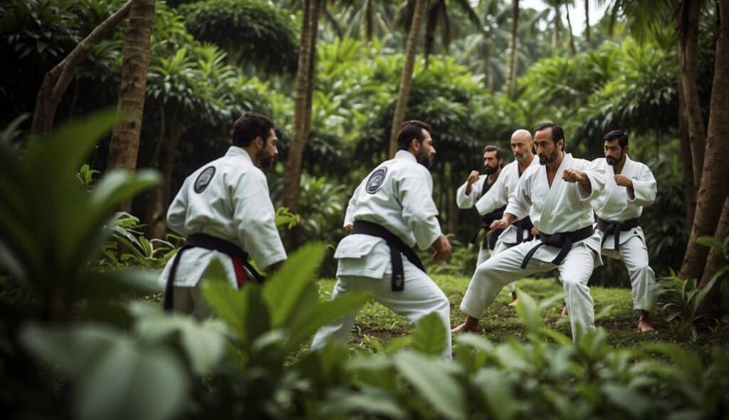 A group of ancient warriors practicing Brazilian Jiu-Jitsu techniques in a lush, tropical setting