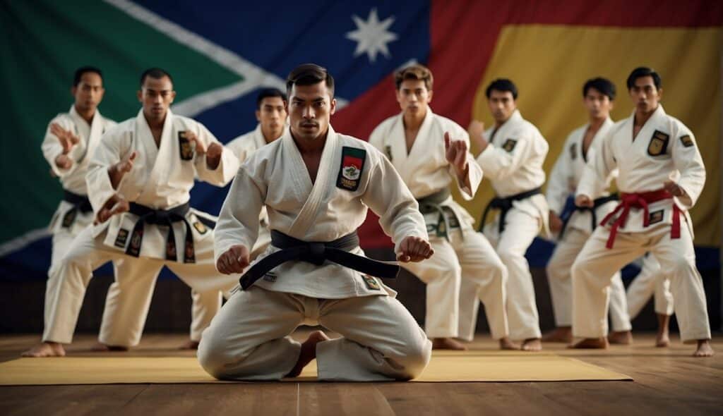 A group of martial artists in traditional gis practicing Jiu-Jitsu techniques on a mat in a gym setting, with a Brazilian flag and historical images in the background