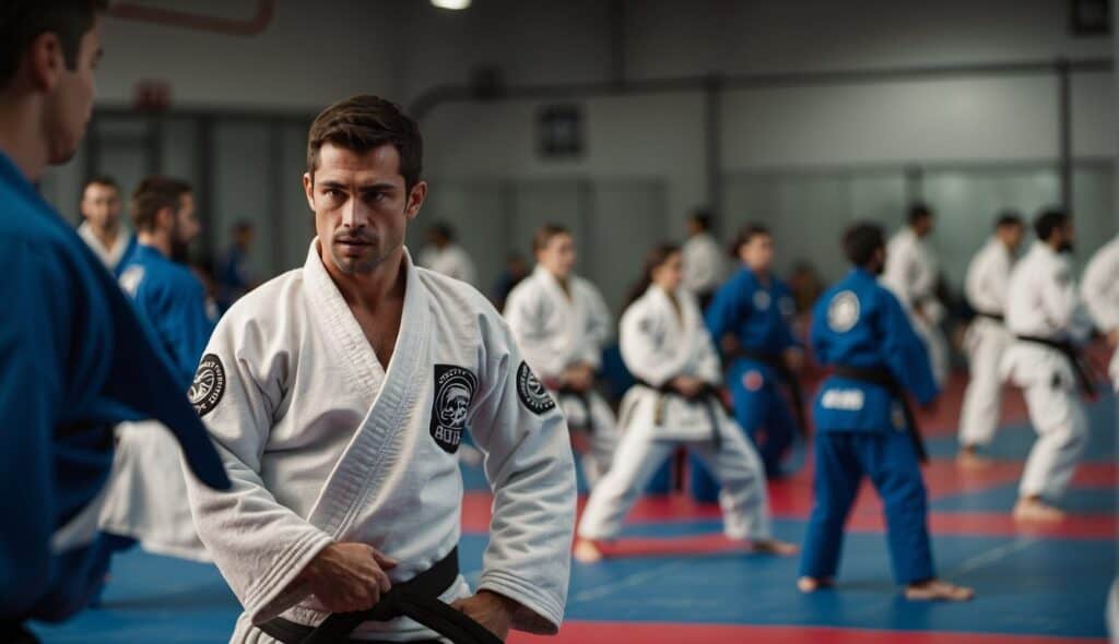 A Brazilian Jiu-Jitsu class in session, with students practicing various techniques and training drills under the guidance of an instructor