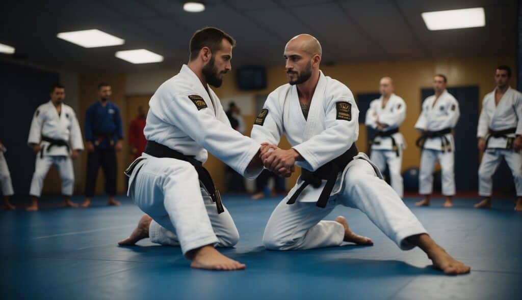 Two BJJ practitioners demonstrate basic positions and movements in a training session