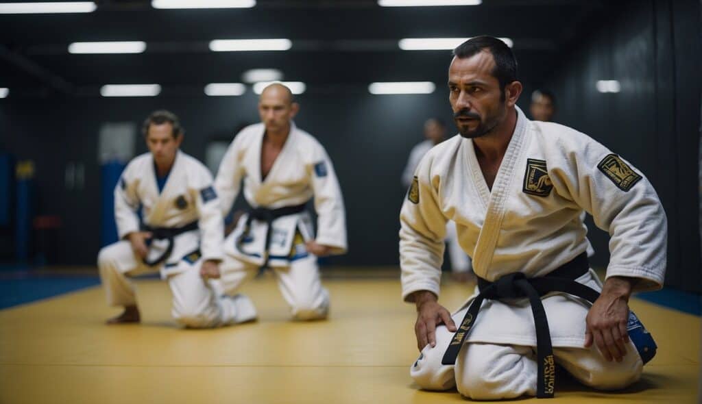 A BJJ practitioner demonstrating basic techniques and training methods in a gym setting