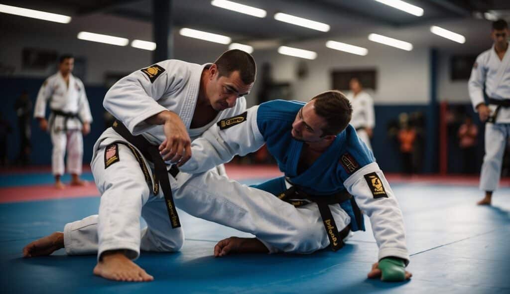 BJJ training scene: athletes practicing basic techniques, drilling movements, and receiving coaching on competition strategies