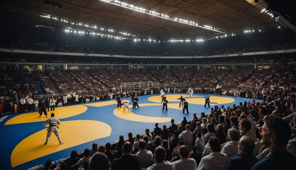 A crowded arena filled with enthusiastic spectators watching intense BJJ tournaments unfold on the mat. Banners and flags representing different countries adorn the walls, creating a vibrant and competitive atmosphere