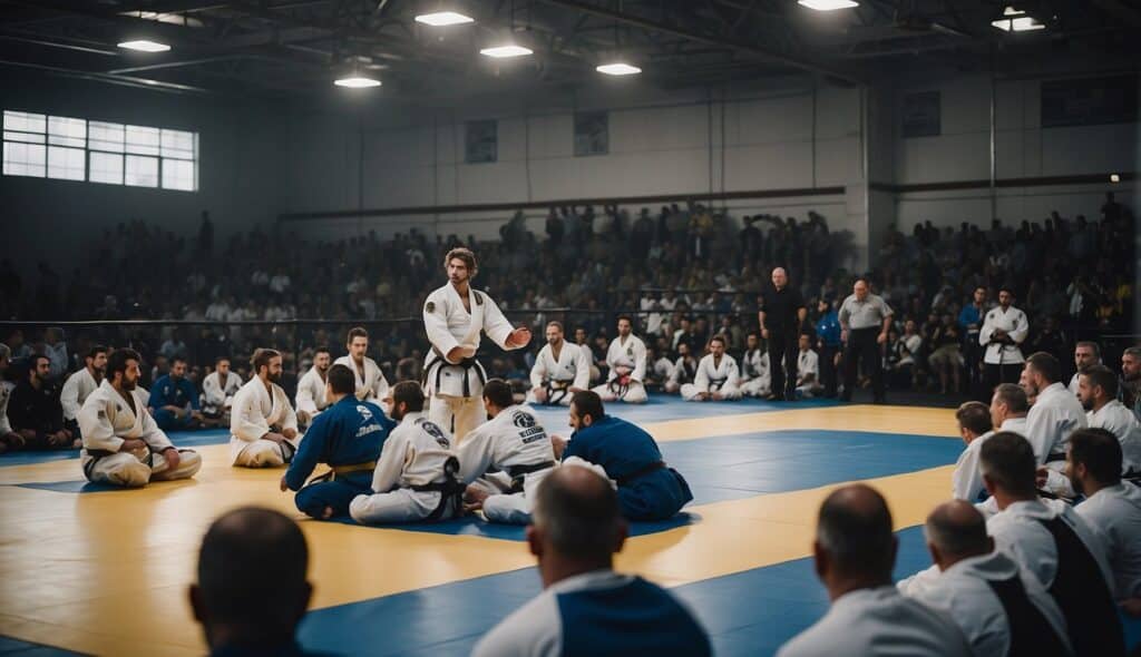 A crowded BJJ tournament with competitors on mats, referees, and spectators cheering