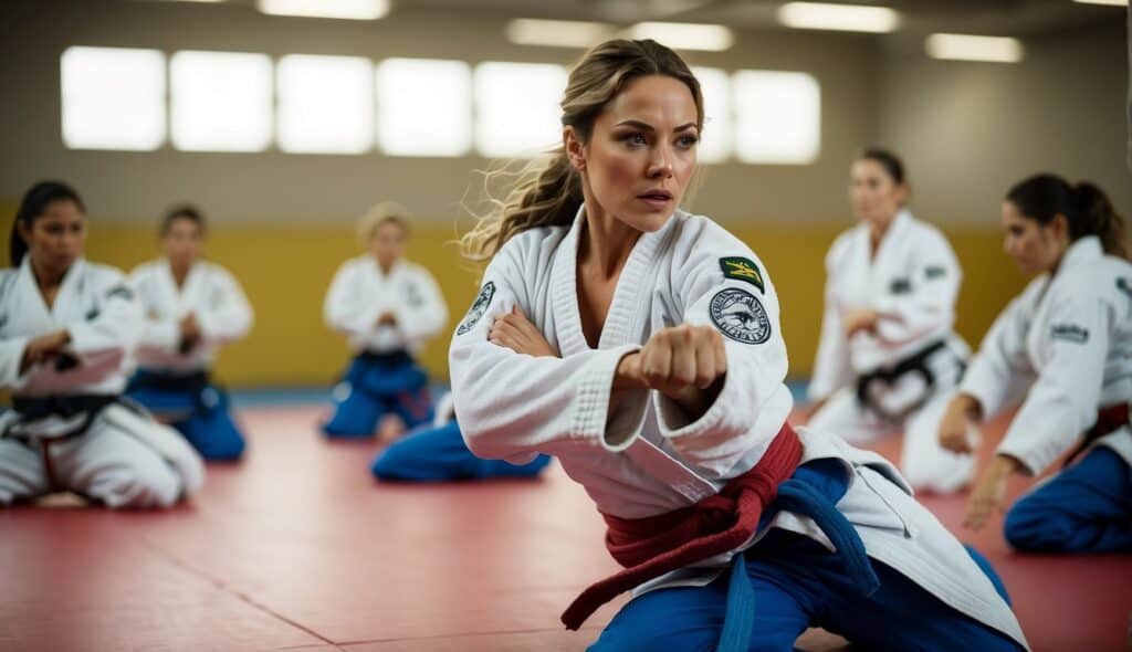 A group of women practicing Brazilian Jiu-Jitsu techniques in a spacious and well-lit training facility, demonstrating various grappling and self-defense moves with focus and determination