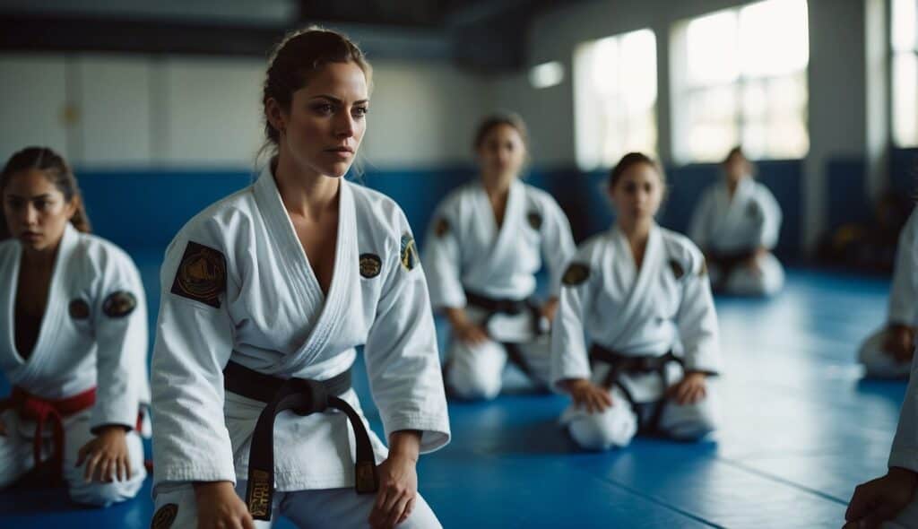 Women in Brazilian Jiu-Jitsu training and preparing, practicing techniques and sparring on mats in a gym setting