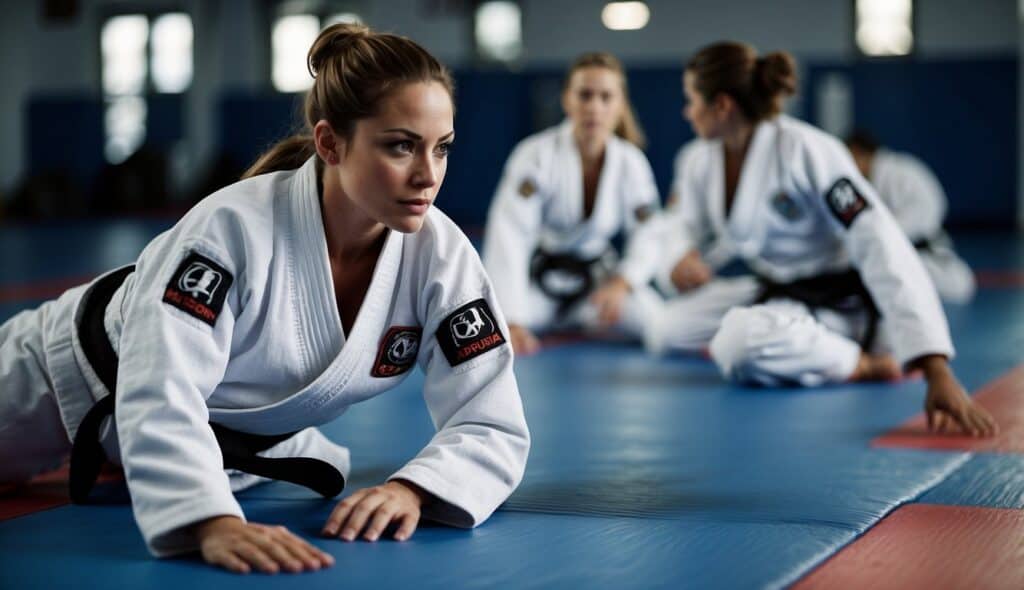 A group of women training Brazilian Jiu-Jitsu, wearing gi uniforms, practicing techniques on mats in a gym setting