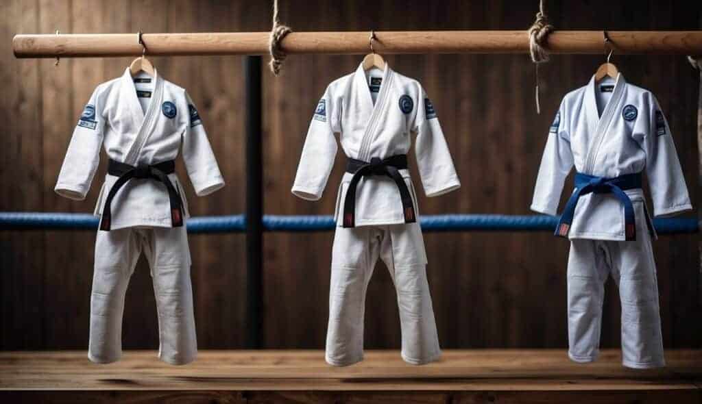 Two BJJ-Gis hanging on a wooden rack, one white and one blue, with black belts tied around the waist