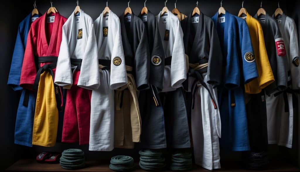 Various BJJ-Gi styles and designs displayed on a rack, ranging from traditional to modern, with different colors and patches