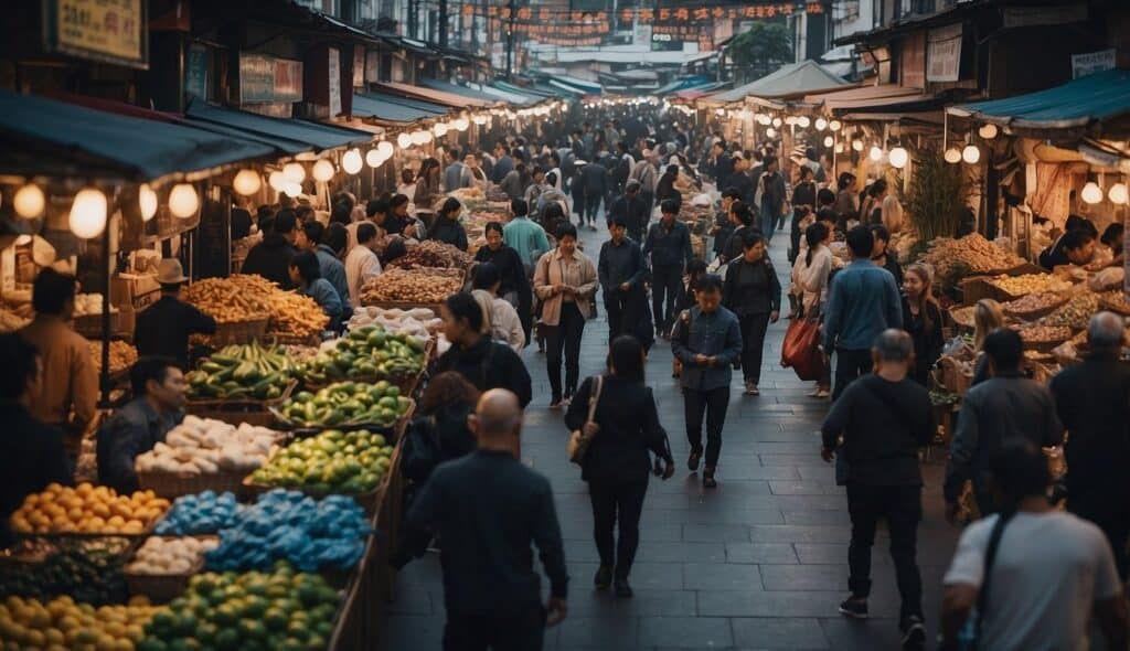 A display of colorful BJJ-Gis in a bustling market, with shoppers browsing and vendors showcasing their products