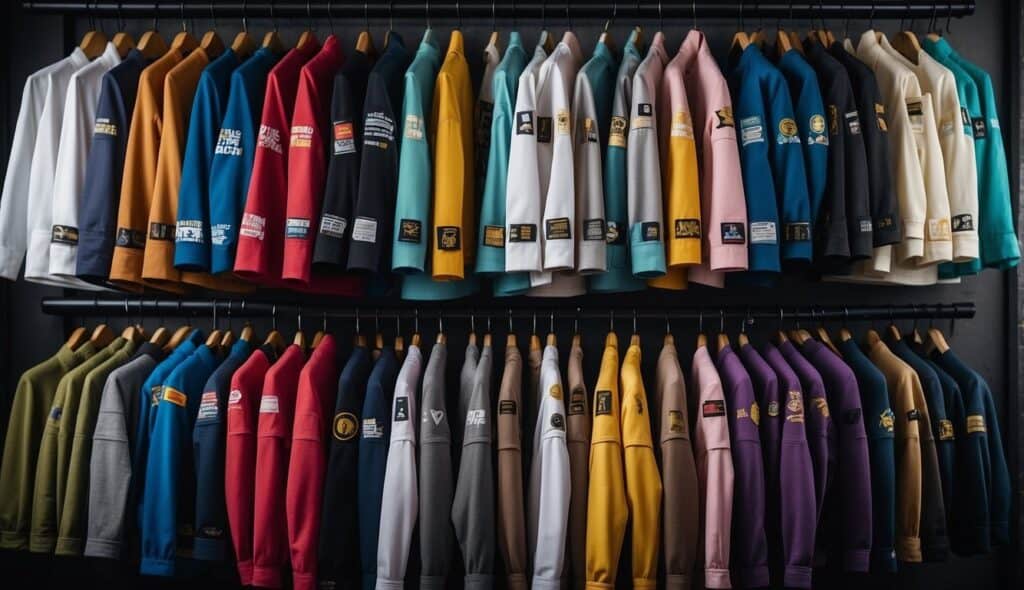 A colorful array of BJJ Gis, showcasing innovative designs and materials, displayed on a rack in a modern martial arts store