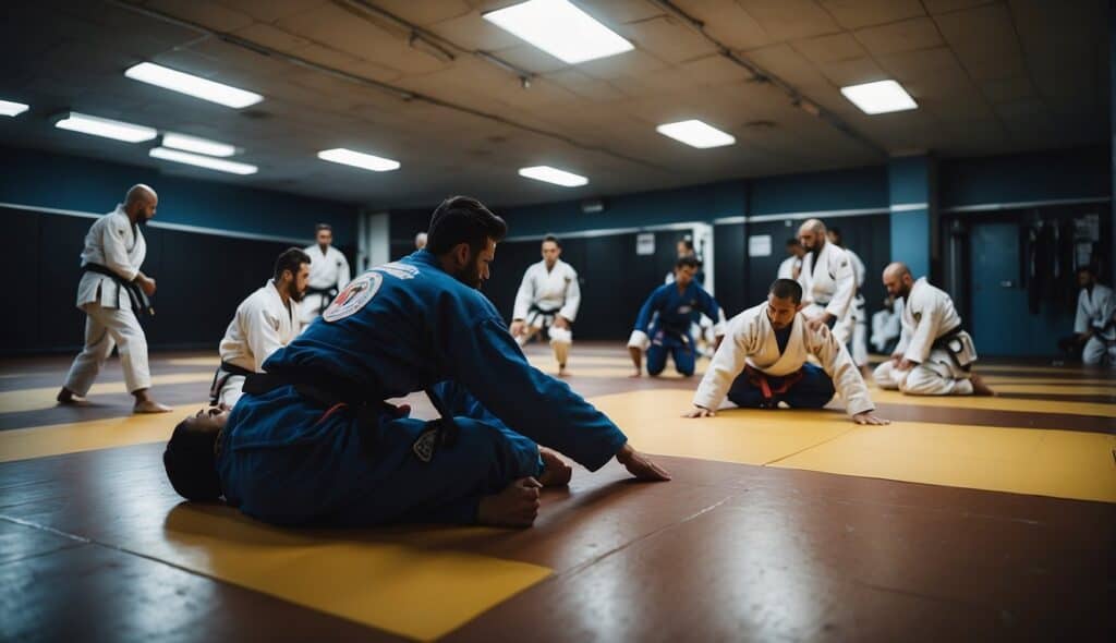 A group of BJJ practitioners train in a spacious gym, organized in a hierarchical class structure, with instructors leading demonstrations and students practicing techniques