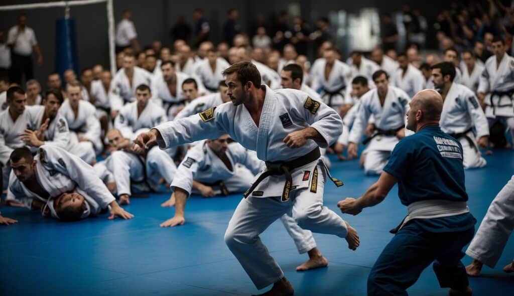 A crowded BJJ competition in Germany, with athletes in colorful uniforms, spectators cheering, and banners displaying event logos