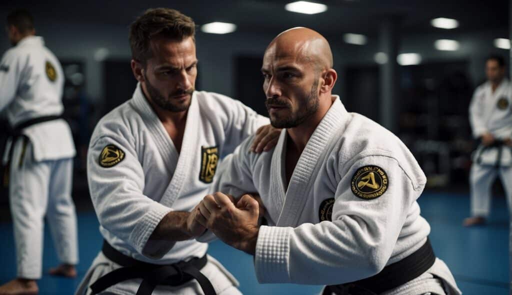 A BJJ practitioner executing fundamental BJJ grips on a training partner