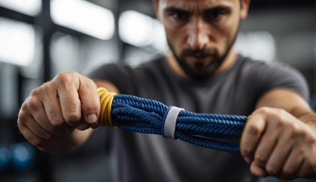 A person is performing grip strength exercises for BJJ, using resistance bands and a grip trainer