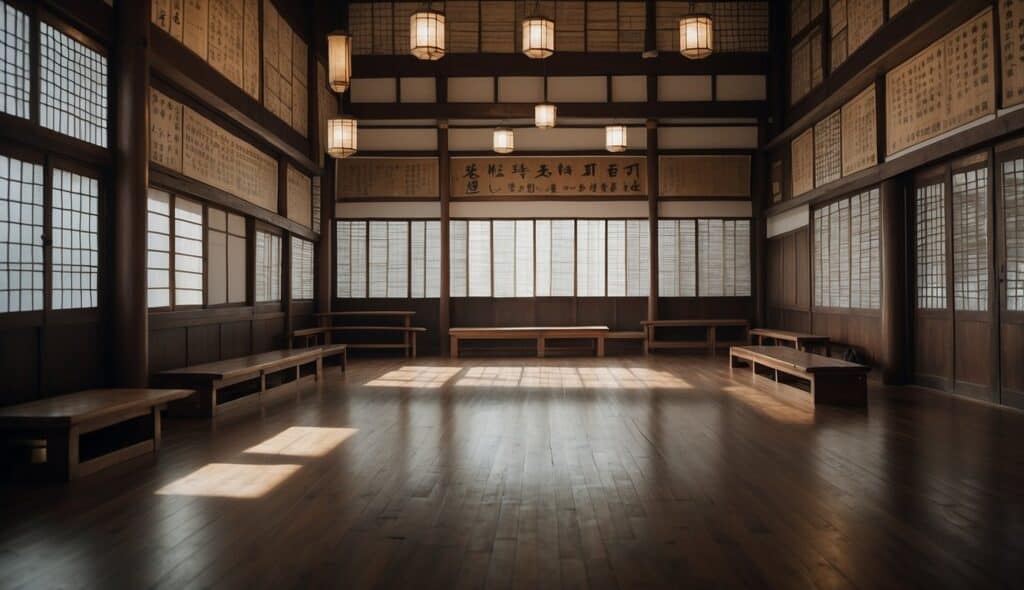 A martial arts dojo with philosophical texts on the walls, a serene atmosphere, and a sense of discipline and focus