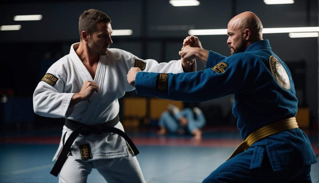 A person demonstrating self-defense and BJJ techniques in a studio setting, with focus on body movements and positions